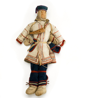 Male Doll Wearing Painted Hide Coat