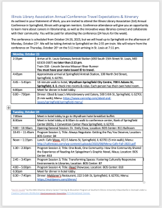 Screenshot of first page of conference travel itinerary template