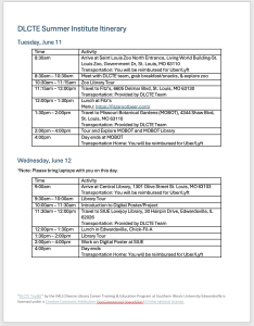 Screenshot of the first page of the summer institute itinerary template