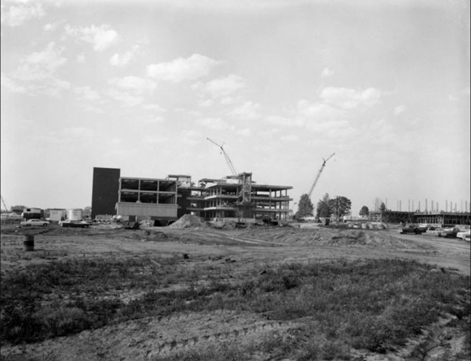 Black-and-white image of SIUe campus under construction, 1964 (SIUE 50th Anniversary Historical Timeline).