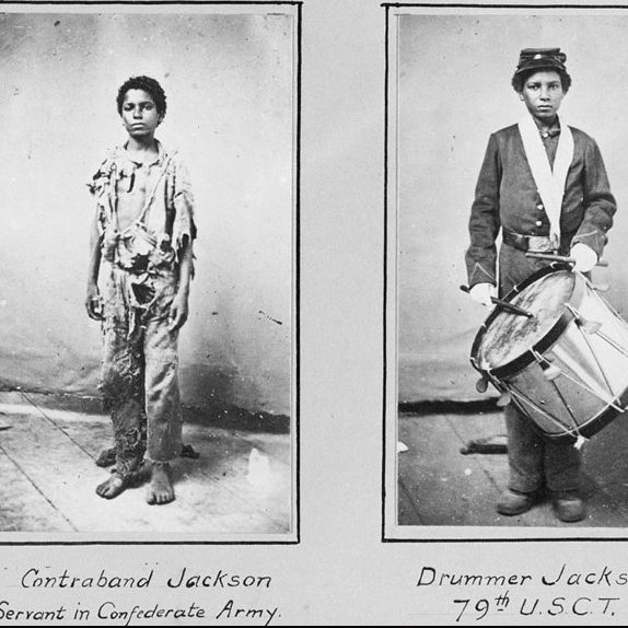 Two black and white images of a boy, first labelled 'Contraband Jackson, Servant in Confederate Army,' and second 'Drummer Jackson, 29th U.S.C.T.'