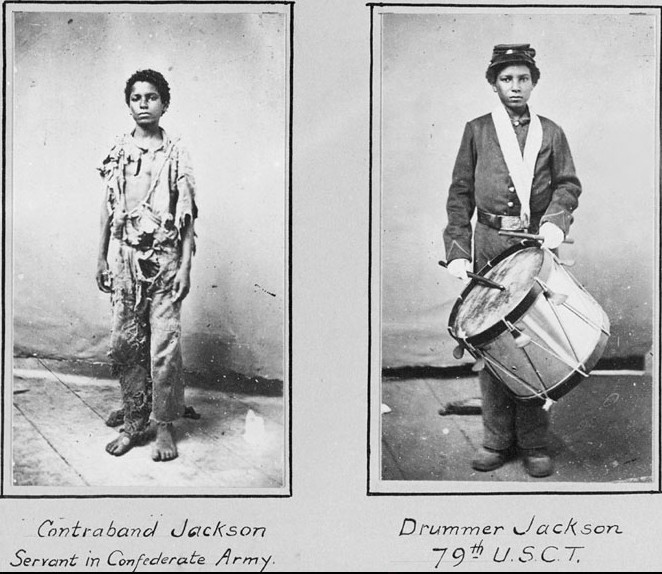 Two black and white images of a boy, first labelled "Contraband Jackson, Servant in Confederate Army," and second "Drummer Jackson, 29th U.S.C.T."
