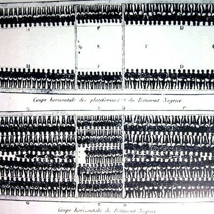 Diagram of ship's hull showing extremely confined and crowded layout of enslaved passengers